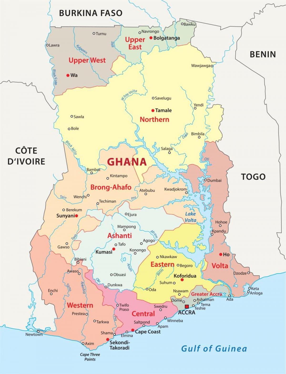карта Ганы показывая округов